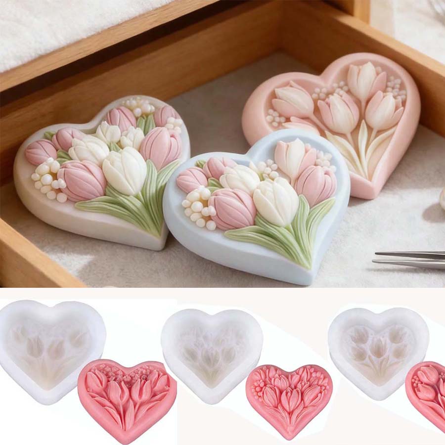 Home Decor Tulip - 3D 하트 튤립 베이킹 캔들 실리콘